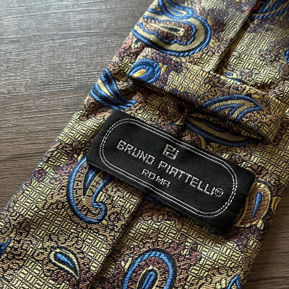 Bruno Piattelli Roma Paisley Silk Tie One Size Gold Blue Mens Handmade Italy